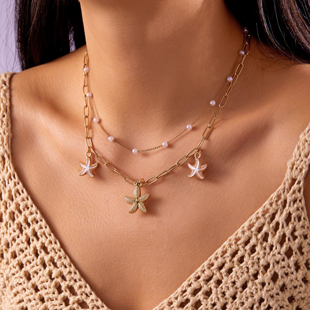 Ocean Style Imitation Pearl Starfish Shell Necklace for Women Trendy Conch Flower Pendant Necklace Beach Jewelry Vacation Gift