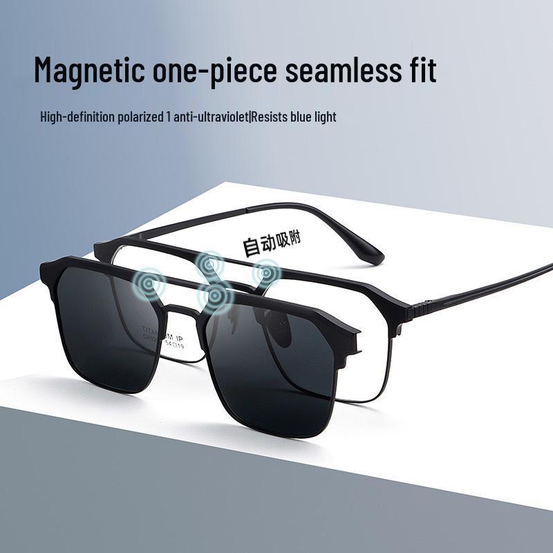 Men's Magnetic Polarized Clip-on Sunglasses: Pure Titanium, Three-in-One for Myopia, Fishing, and Driving.