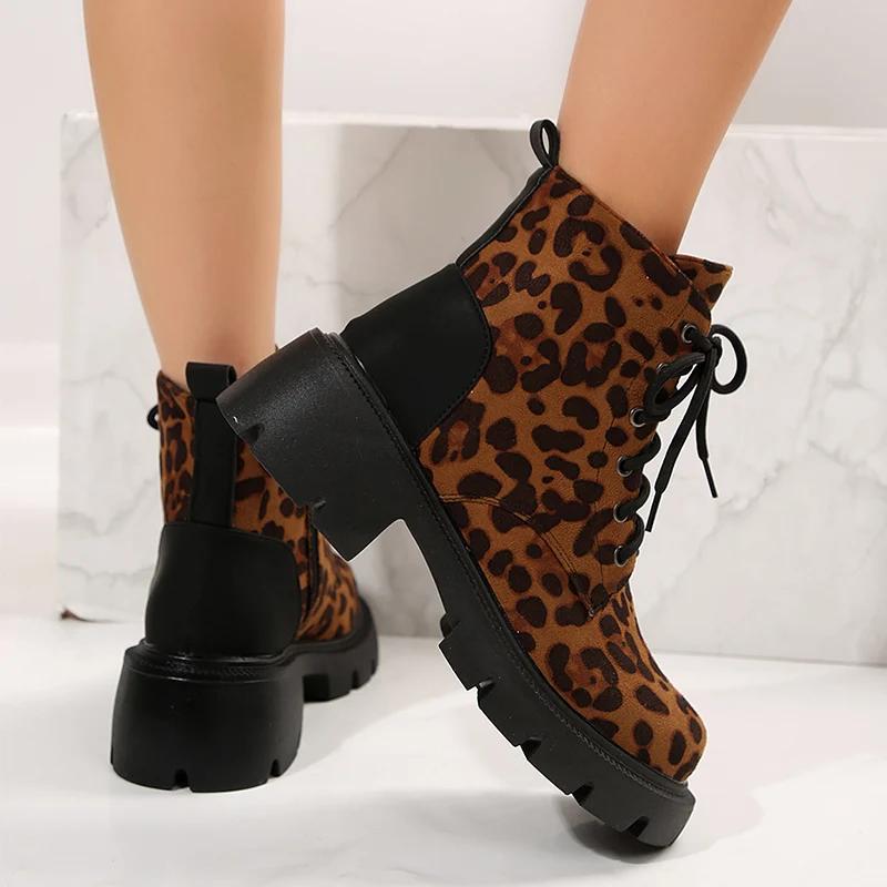 Leopard Women Ankle Boots Platform Heels Shoes Brand Autumn Winter Fashion Motorcycle Boots  Trend Goth Pumps Botas Mujer