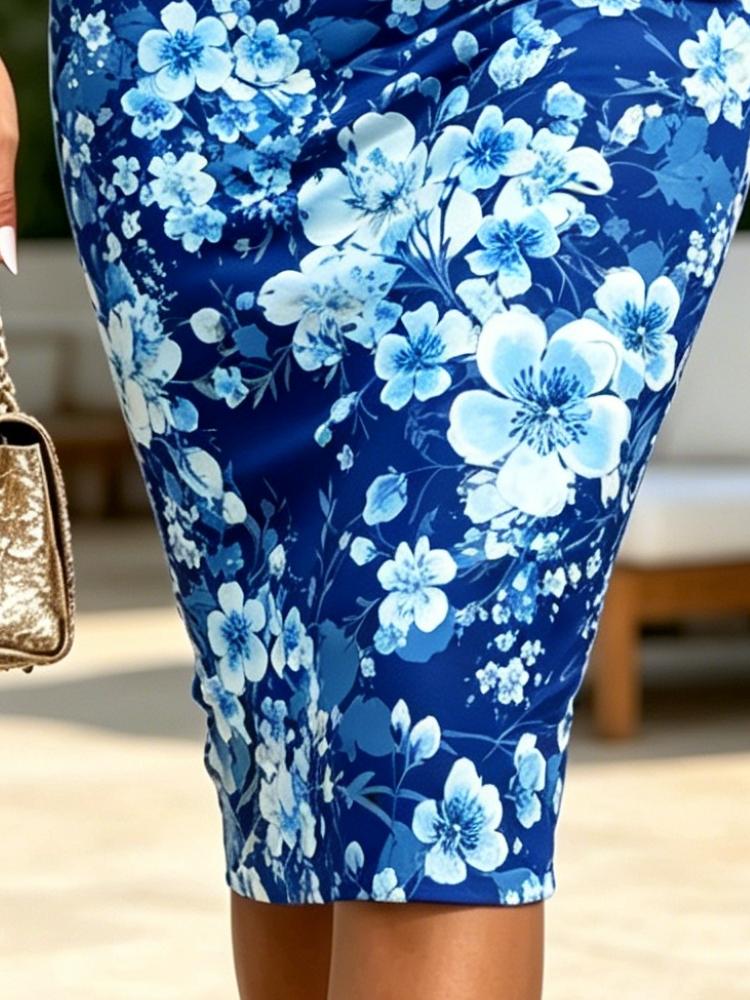 Summer Women's One Shoulder Midi Dress Floral Print Blue Bodycon Sundress