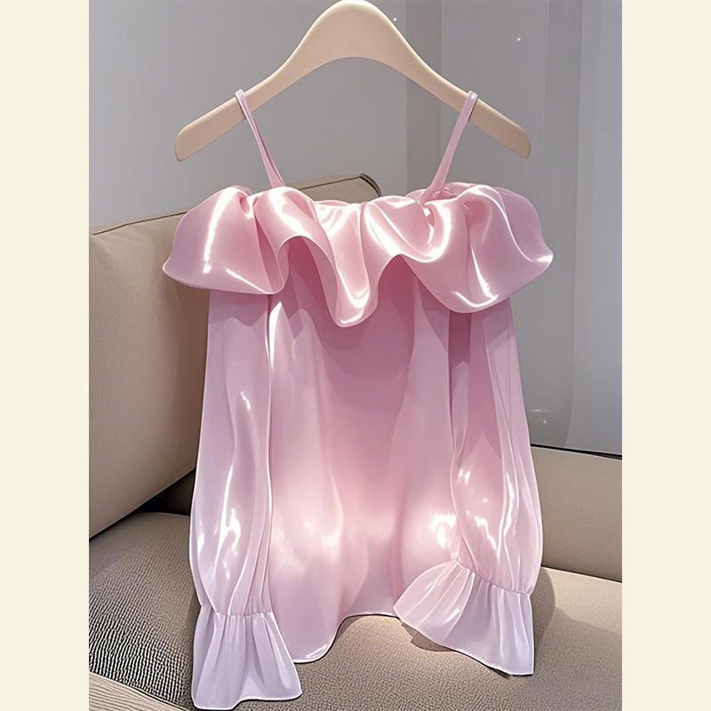 French Style Satin Blouse - Women's Off Shoulder Ruffle Trim Top