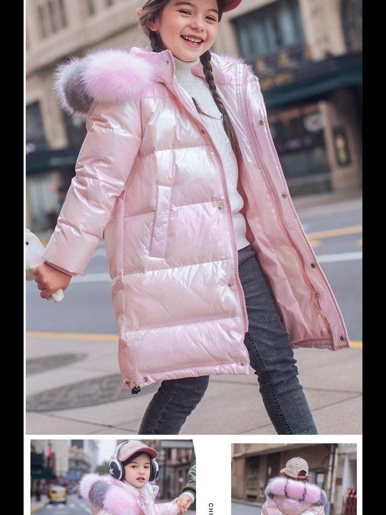 Girls' Mid-Length Shiny Winter Down Cotton Jacket