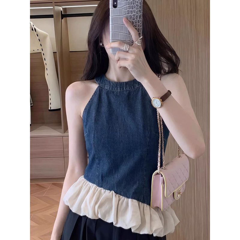2026 Summer New Large Size French-Style Denim Ruffle Halter Neck Sleeveless Asymmetrical Top for Women in Hong Kong Style