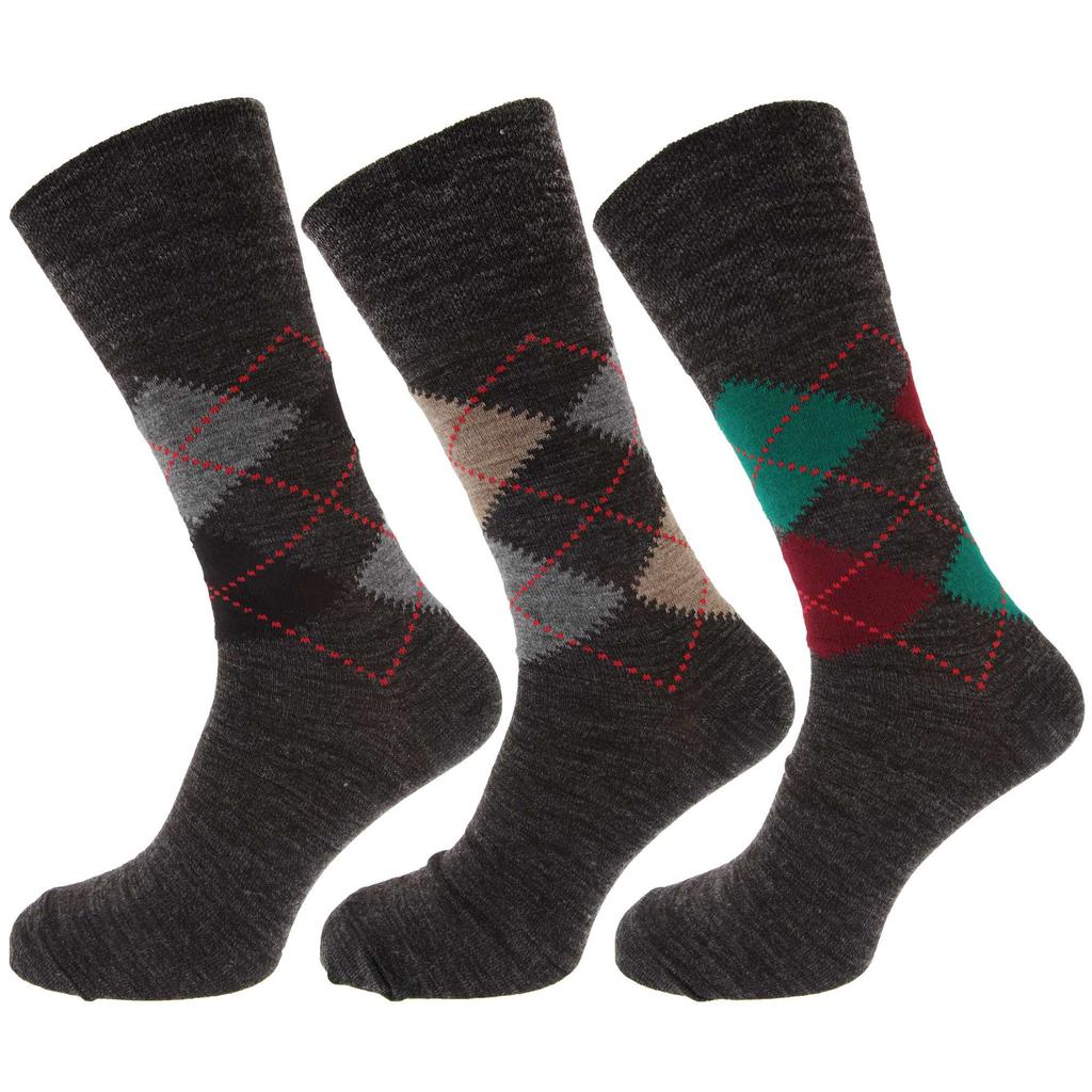 Herrensocken mit traditionellem Argyle-Muster, nicht elastisch, aus Lammwollmischung (Packung mit 3)