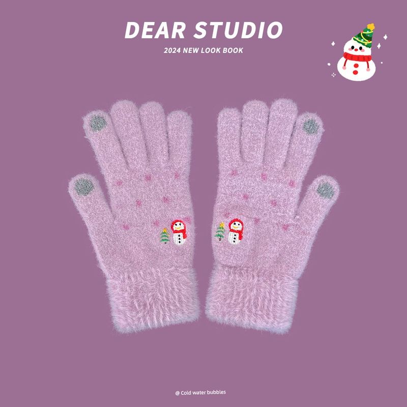 

Cute Snowman Plush Knitted Five-finger Gloves Women Autumn and Winter Riding Warm Fleece-lined Touch Screen Finger Division Gloves Tide Purple All yards