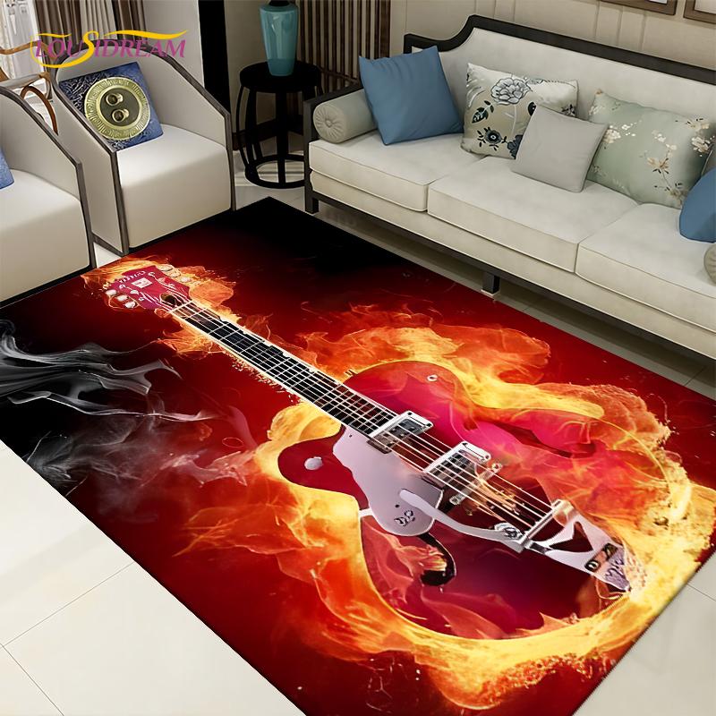 3D-Teppich mit kreativem Wasser- und Feuergitarren-Motiv, Teppiche für Wohnzimmer, Schlafzimmer, Dekoration, Küche, Badezimmer, rutschfeste Fußmatten