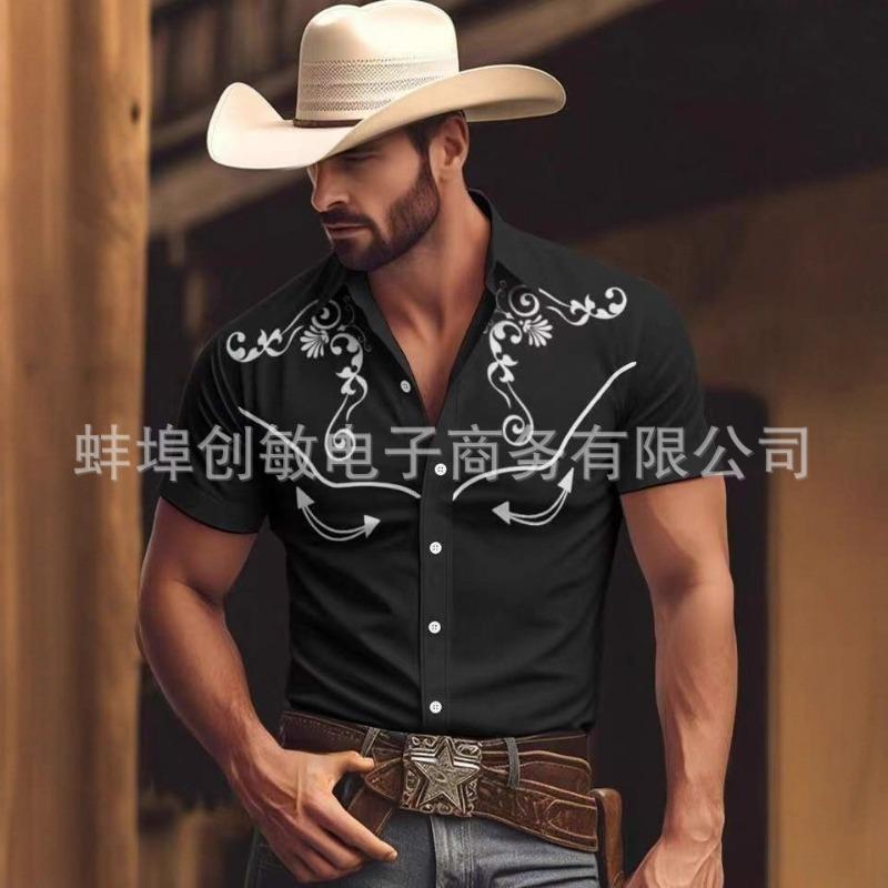 Men's Red Western Style Embroidery Short Sleeve Summer Shirt