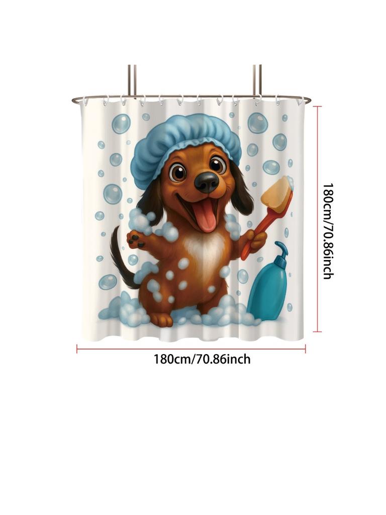 1pc Cute Bathing Sausage Dog Printe Shower Partition Privacy Hanging Curtain with 12 Hooks Multiple Sizes Easy Installation