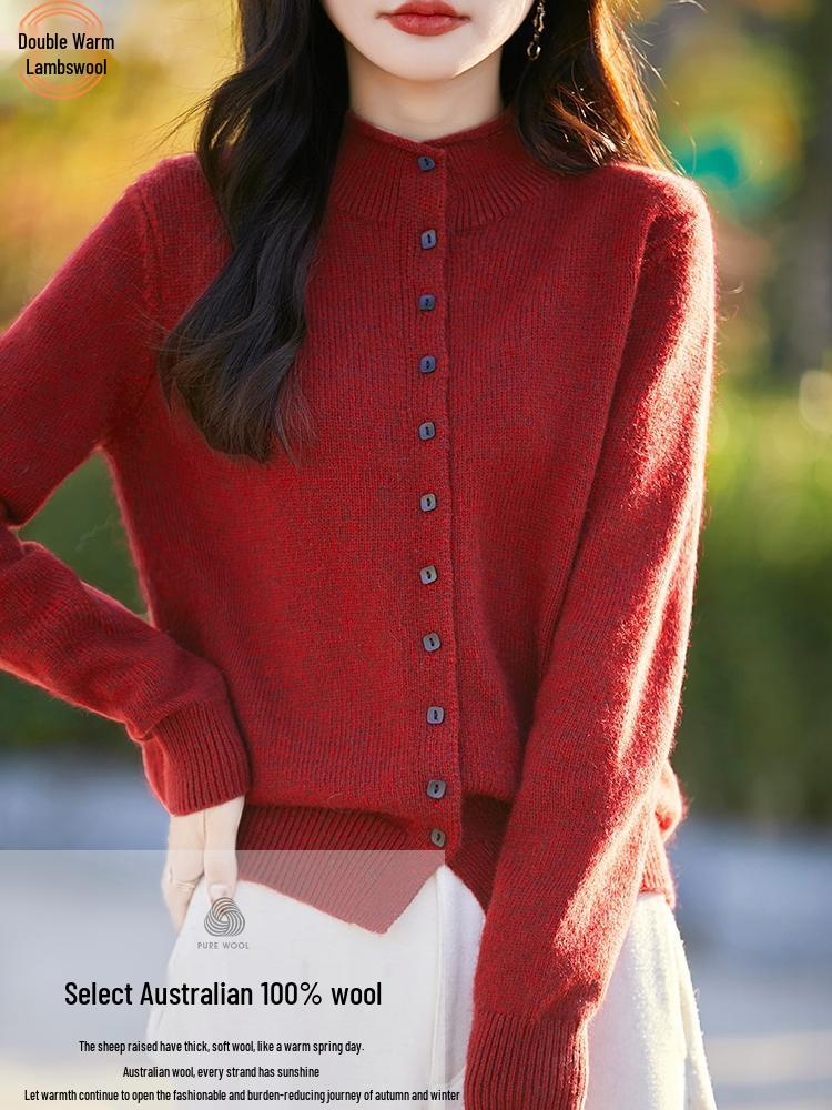Women's Floral Wool Knit Cardigan - Semi-High Neck, Multi-Button Sweater for Autumn/Winter