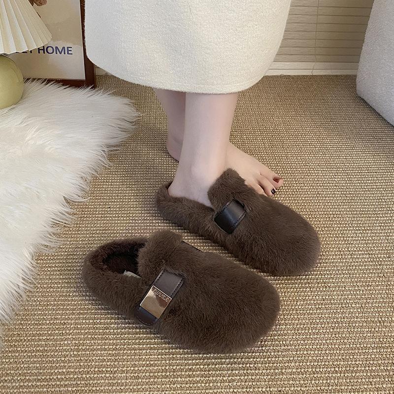 Internet Celebrity Explosion Mink Hairy Shoes Women Winter Wear Belt Buckle Thick Sole Velvet Bean Shoes Fairy Warm Cotton Mop