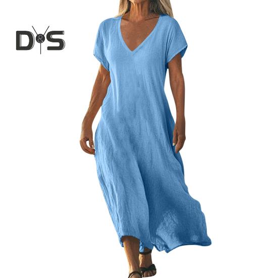 

Женское хлопковое льняное платье макси, повседневное, с коротким рукавом, V-образным вырезом, длинное платье, летний пляжный сарафан для отдыха M синий