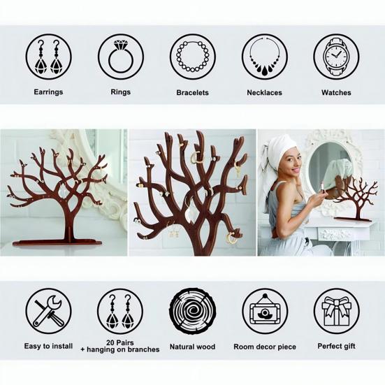 Wooden Jewelry Stand Earring Holder Easy To Install Multi-Purpose Tree Shaped Necklace Display Organizer Bracelet Holder