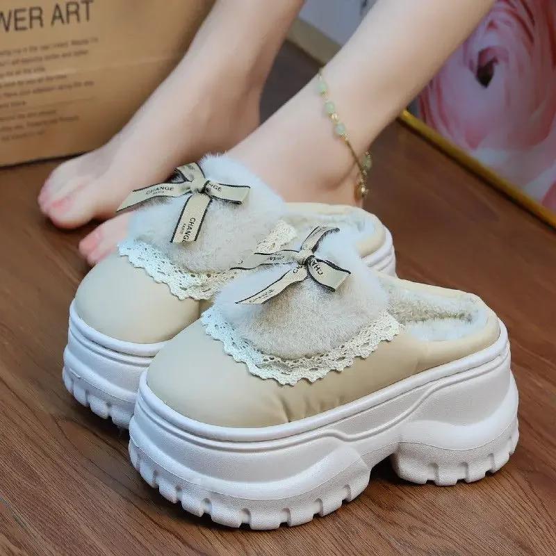 Fashion Winter Furry Women Waterproof Mules  Cotton Slippers Girl Bow Tied Furry Slippers Home Platform Warm   Slippers Ladies