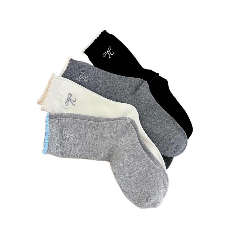 Silver Embroidered Bow-knotted Lace Stockings, Non-stretch Pile Stockings, Breathable Cotton Mid-calf Socks, Ballet-style Gray Socks, Children's Size