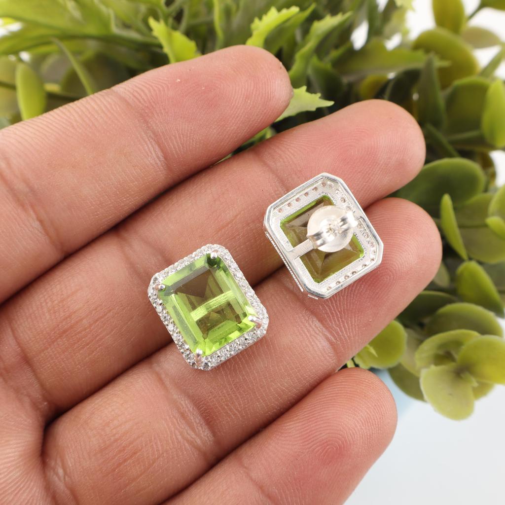 Peridot Gemstone 925 Sterling Silver Zircon Studs Earring 0.57" For Women CZE-6-11
