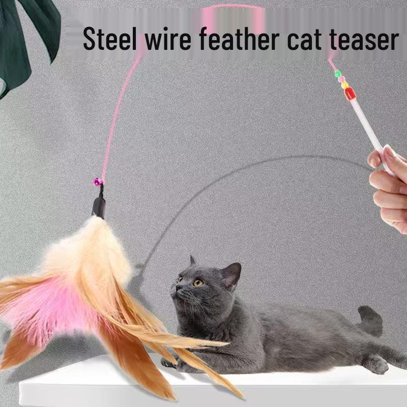 Long Rod Steel Wire Cat Teaser with Feather & Bell - Interactive Bite-Resistant Replacement Cat Toy