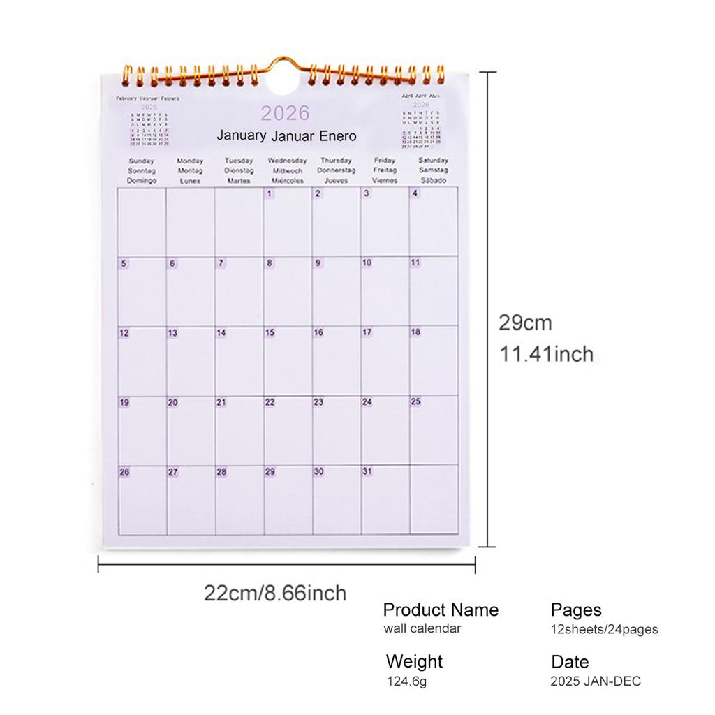 Multilingual 2026/2026 Wall Calendar English German Spanish 2026 Coil Calendar Notebook Coil Planner Agenda Organizer