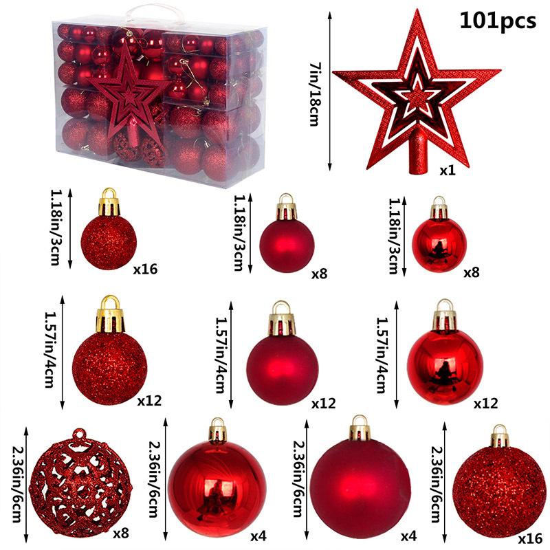 

101-piece durable plastic Christmas balls set, various colors, hanging Christmas tree balls, 3-6 cm, Christmas decoration balls, Other красный