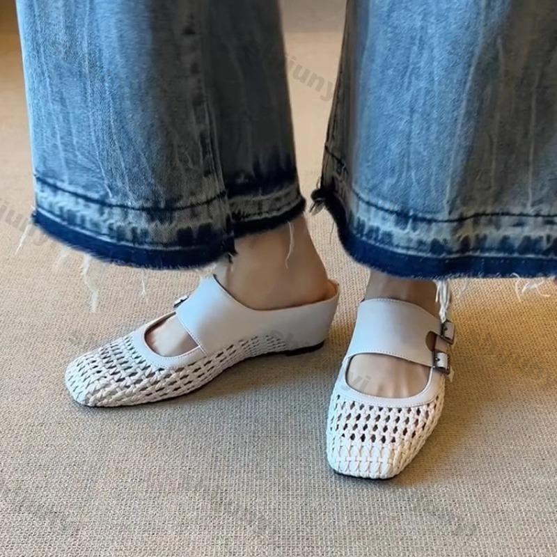 Fashion Women One Word Half Slippers New Weave Breathable Mesh Hollow Sandals Outdoor Fashion Buckle Strap Height Increase Casual Shoes