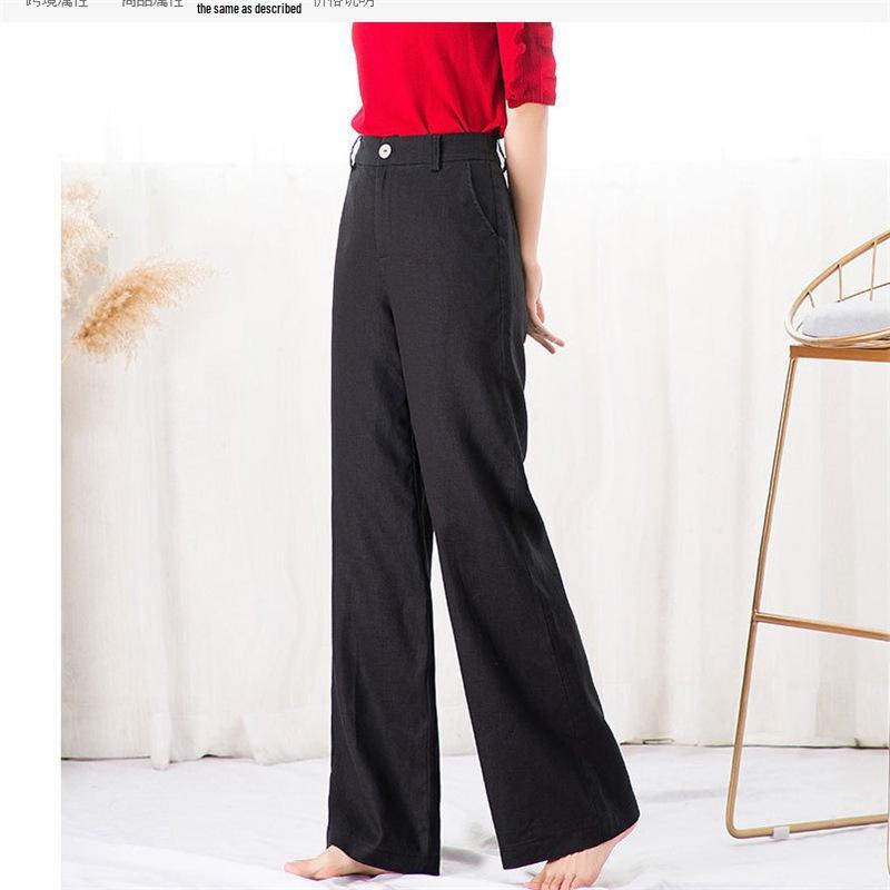 

Women s High-Waisted Cotton-Linen Wide-Leg Pants - Summer Casual, Loose Fit, Straight Drape S чорний