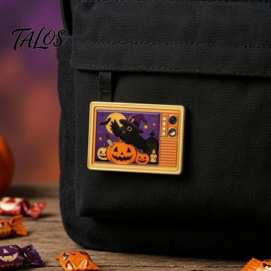 Holiday Costume Accessory Retro TV Brooch for Halloween, Pumpkin Ghost Black Cat Crow Halloween Party Badge, Lapel Pin Sweaters Jackets Scarves