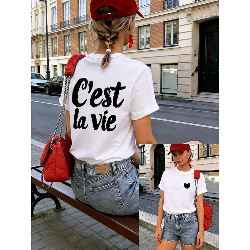 

Women s Front & Back Letter Print T-Shirt European American Style Casual Short Sleeve Summer Top S белый