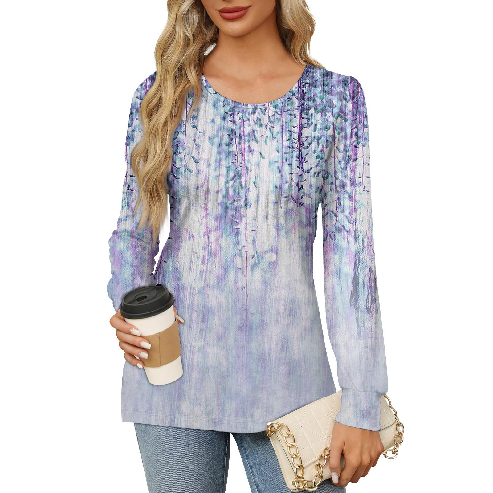 Женская повседневная плиссированная футболка с круглым вырезом и длинными рукавами — фото 6