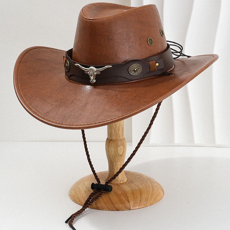 Vintage Faux Leather Classic Wide Brim Cowboy Hat Bullhead Decor Outdoor Sun Shield Hat Men Women Western Style Cowgirl Jazz Cap