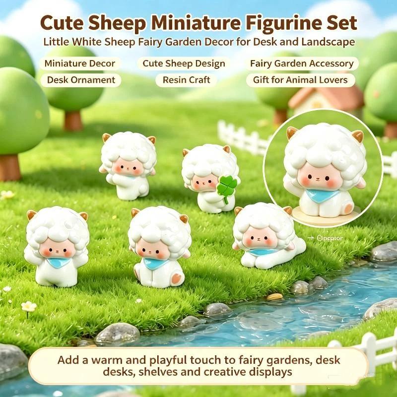 Mini Resin Sheep Figurines 5Pcs Lovely Cartoon Pattern Eco-Friendly Craft for Home Bonsai Fairy Garden Decoration