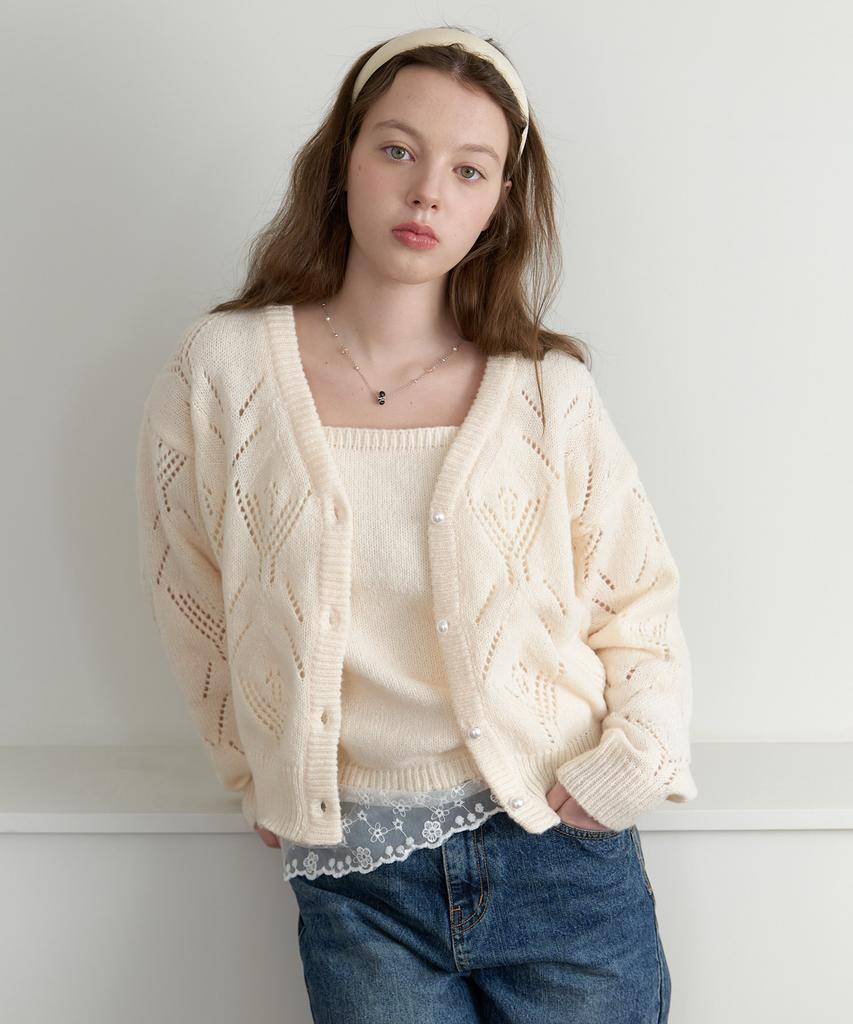 CLUNY [Set] Stitch Lace Pointelle Knit Cardigan - Indi Pink