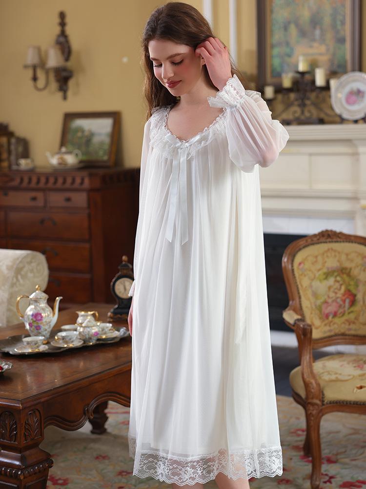 Elegant French Lace Modal Princess Nightgown - Women's Long Sleeve Sleepwear for Spring and Autumn