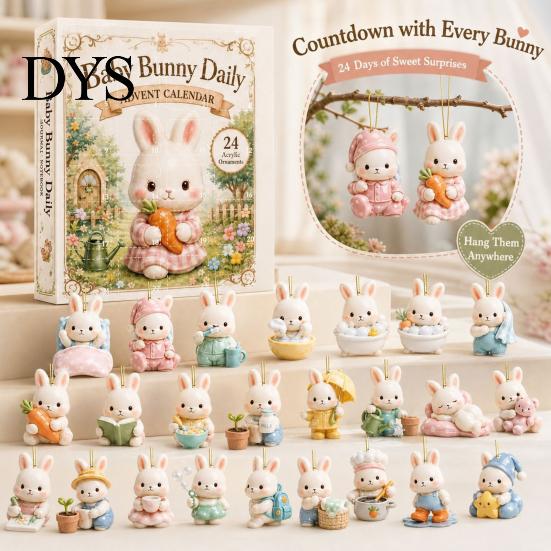 Fun Travel Companions Christmas Bunny Advent Calendar with 24 Acrylic 2D Rabbit Ornaments for Kids, Holiday Countdown Decorations Xmas Tree