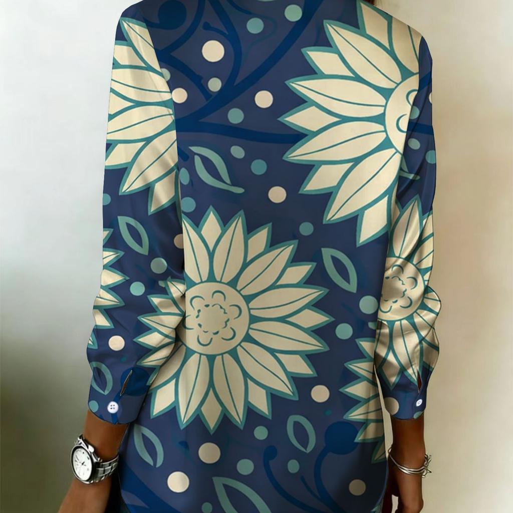 Sunflower-printed women's long-sleeved button-down shirt, featuring a fresh botanical pattern, creating a pleasant and casual look