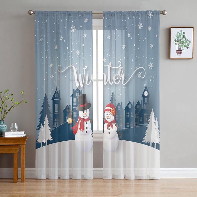 Christmas Gnome Wood Grain Snow Tulle Curtains For Living Room Decoration Modern Chiffon Sheer Voile Christmas Curtains