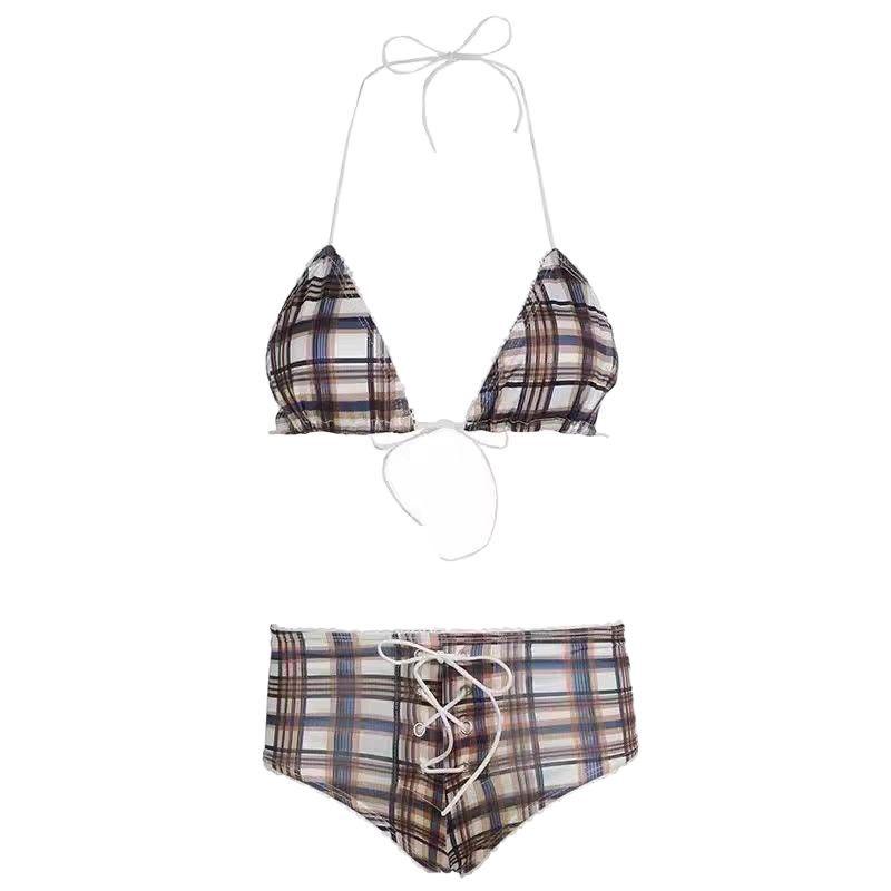 Retro Plaid Bikini - Sexy Back, High Waist, Drawstring, Small Chest Support, Split Swimsuit for Women
