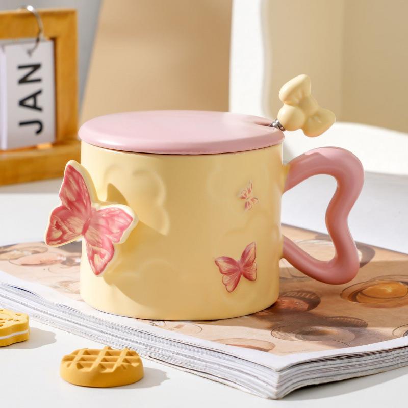 Creative Embossed Butterfly Personalized Ceramic Mug As A Souvenir Coffee Cup with Lid and Spoon High Looking Small Fresh Water Cup