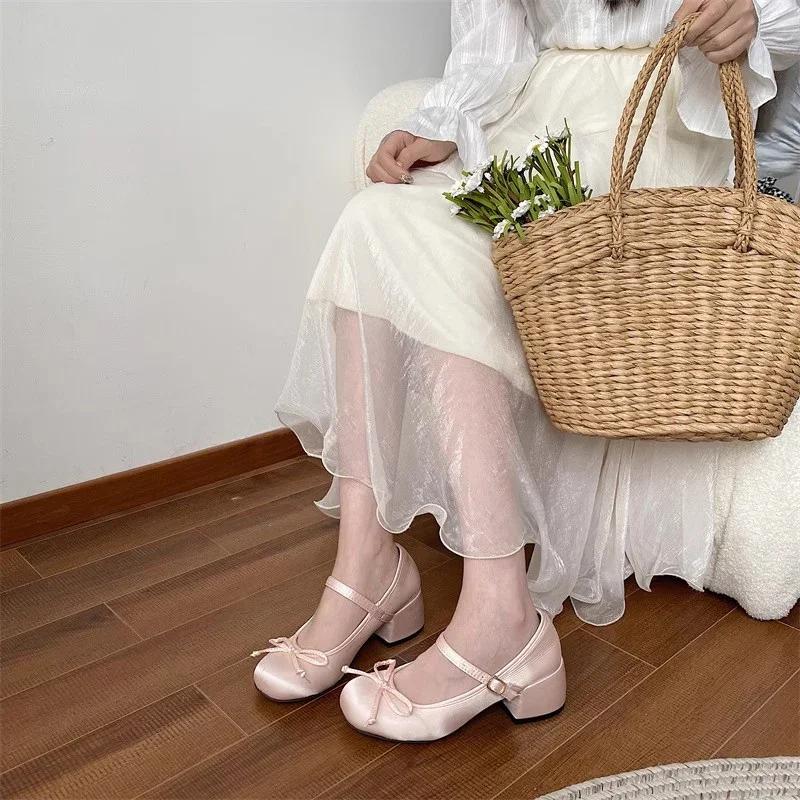 Fashion 2025 spring cute sweet Bowknot Mary Janes for Women  vintage Silk Med Heels  pumps Ladies  Banquet Wedding Single Shoes Mujer
