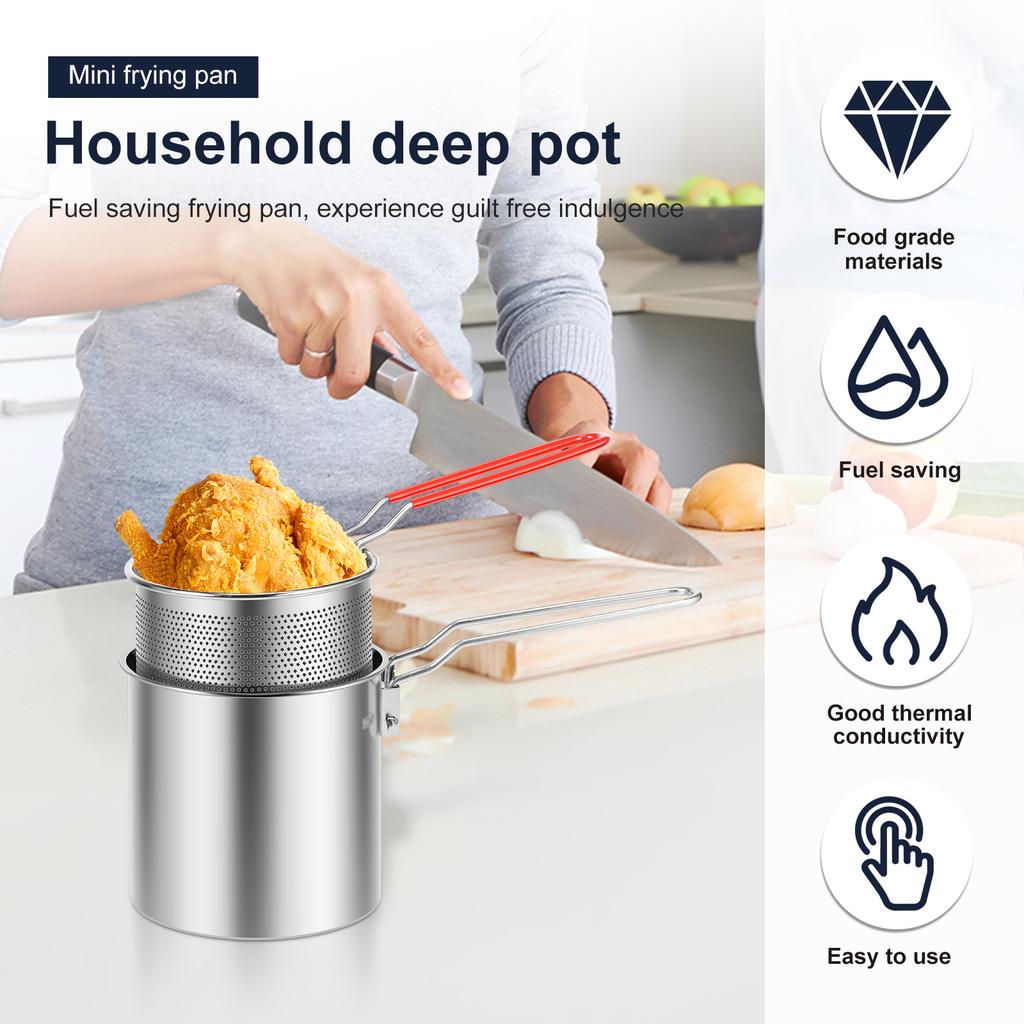 Deep Fryer Pots Stainless Steel Deep Frying Pot Portable Kitchen Oil Fryer Pots with Strainer Basket Handle and Lids for Cooking