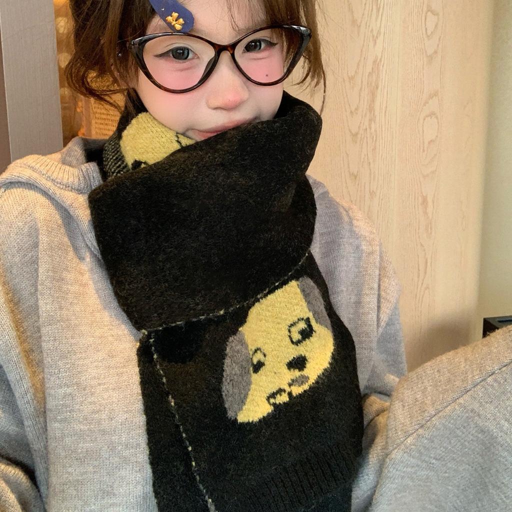 Korean Cute Cartoon Puppy Knitted Scarf Women's Autumn and Winter New Thickened Warm Versatile Neck Protection Couple Scarf