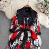 Sukienka koszulowa Vintage Autumn Lapel Collar Wysokiej jakości damska jednorzędowa czerwona kwiatowa z nadrukiem Patchwork sznurowany pasek luźne ubrania