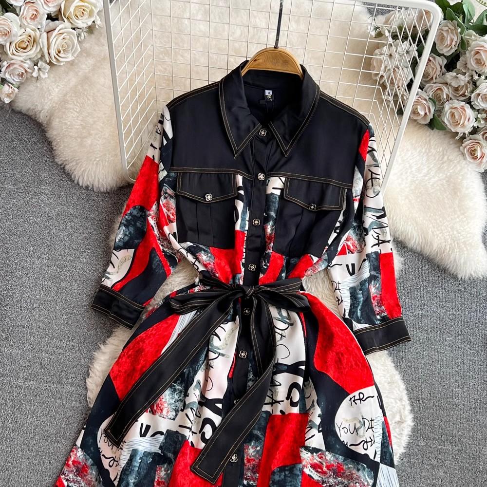 Sukienka koszulowa Vintage Autumn Lapel Collar Wysokiej jakości damska jednorzędowa czerwona kwiatowa z nadrukiem Patchwork sznurowany pasek luźne ubrania