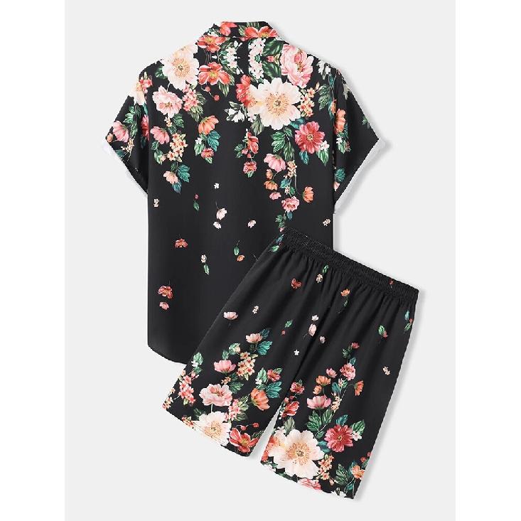 

Мужская свободная пляжная повседневная рубашка с отложным воротником, комплект из двух предметов с принтом роз и короткими рукавами XXXL чёрный