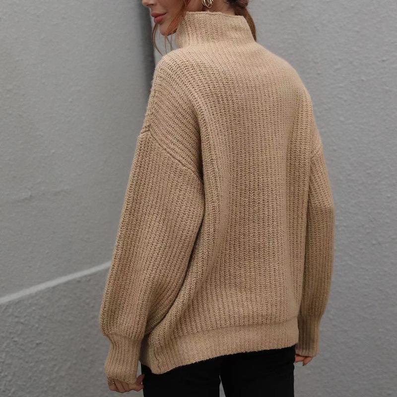 IHUASU Autumn and Winter Solid Colour Pullover Loose Women's High Neck Sweater
