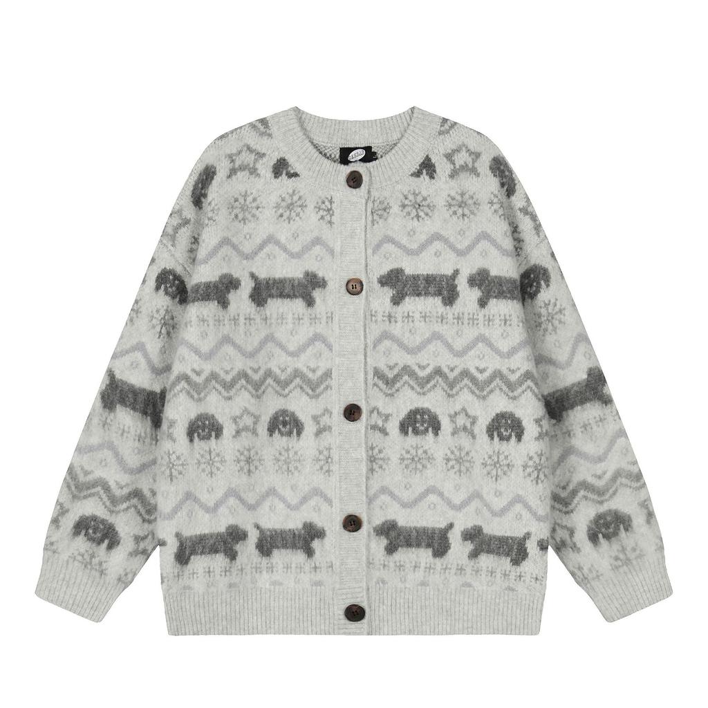 DRIPX Round neck knitted cardigan for women, sweater with small dog pattern, top with long sleeves, for autumn and winter
