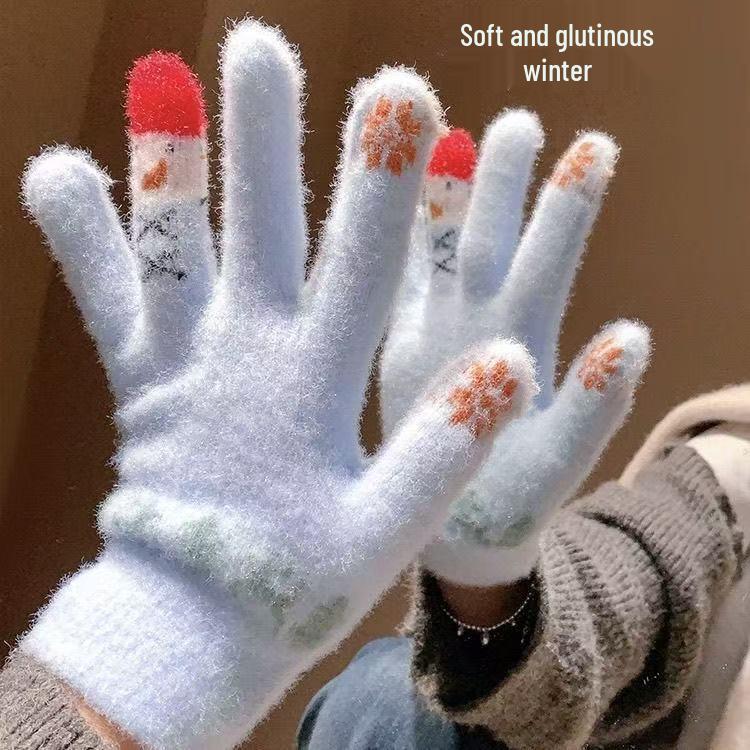 Winter Snowman Knitted Touchscreen Gloves: Warm, Thick, Full-Finger for Cold Weather