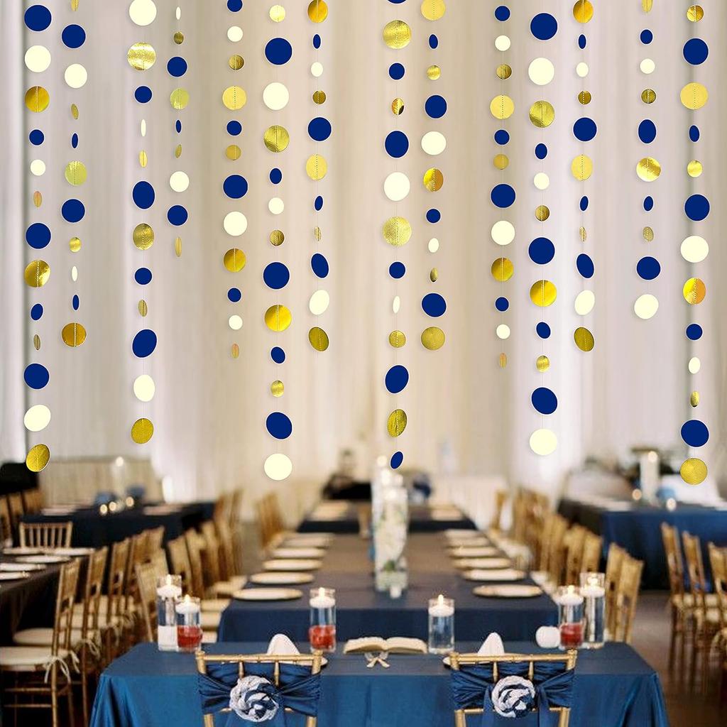46 Ft Navy Blue and Gold Circle Dots Garland Royal Blue Hanging Paper Polka Dot Streamer for Birthday Wedding Bridal Baby Shower Graduations Nautical