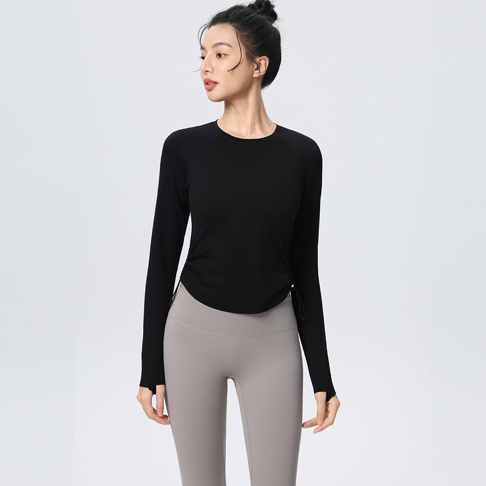 Women's Long Sleeve Slim Fit Yoga Top - High Stretch, Quick Dry, with Side Drawstring for Fitness & Running (Autumn/Winter)