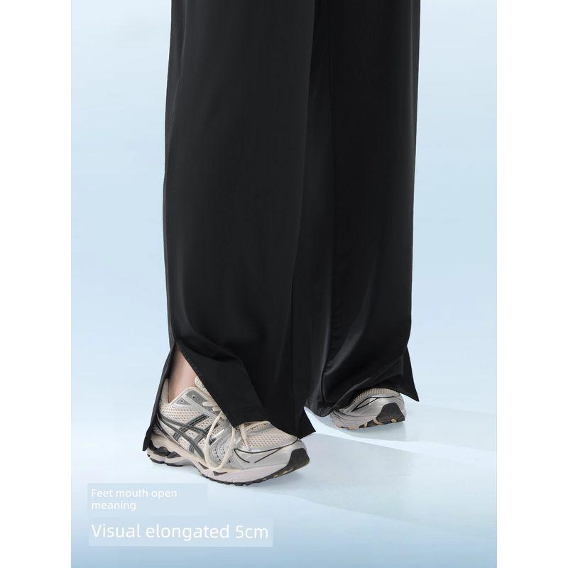 Plus size women clothing [Ice Silk Cool Pants] Three Pants Length Early Autumn New Chubby Girl High Waist Straight Split Wide Leg Pants