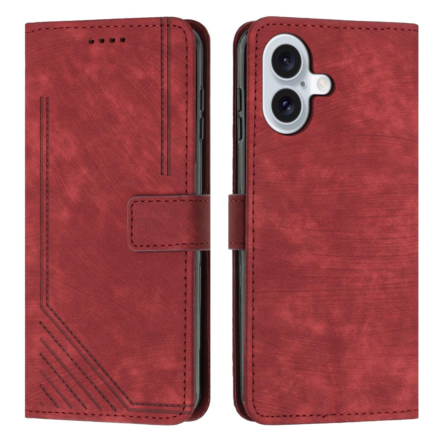 

For iPhone 17 Stand Case Imprinted Lines Leather Phone Cover Red