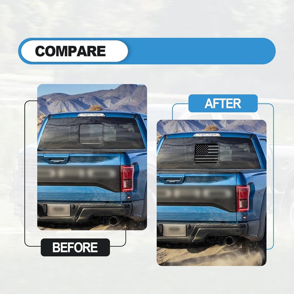 Back Sliding Window n US Flag Vinyl Decal, Auto Styling Compatible with Ford F150 F250 F350 2015  , Rear Middle Window n Flag Decal (Black Line)